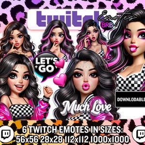 May include: Six animated Twitch emotes featuring a girl with pink and black hair in various poses. The emotes include "Let's Go", "Much Love", and "BRB".
