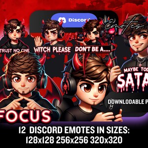 May include: Twelve red and black Discord emotes featuring a cartoon character with horns and a headset. The emotes include text such as "Trust No One", "Witch Please", "Don't Be A...", "Focus", "Maybe Today Satan", and "Downloadable PNGs". The emotes are available in three sizes: 128x128, 256x256, and 320x320.