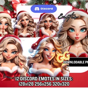 May include: A digital graphic featuring multiple cartoon images of a woman in a Santa hat and red outfit. The image includes the Discord logo, the word "Emotes", and text that reads "12 Discord Emotes in sizes: 128x128 256x256 320x320".