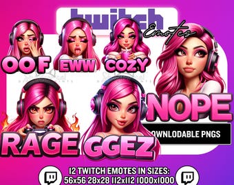 Emotes de Twitch de chica con pelo rosa – Streamer gamer kawaii (Descarga instantánea)