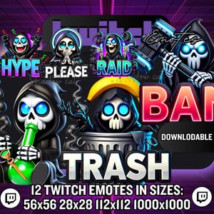 Twitch Emotes / 12 Reaper Twitch Emotes / Halloween Twitch Emotes / Spooky Skull Gamer Streamer Emotes - bulk PNG pack