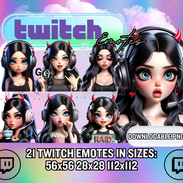 Black Hair Twitch Emotes / 14 Black Hair Blue Eyes Twitch Emotes / Devil Horn Twitch Emojis /  Anime Gamer Girl Streamer Emotes Bulk PNGs