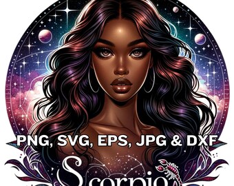 Imágenes prediseñadas de mujer negra Escorpio, astrología del zodíaco SVG PNG (descarga digital)