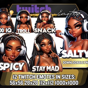 Black Girl Emotes / 12 Black Twitch Emojis / Black Girl Streamer Gamer Instant Download PNG&#39;s