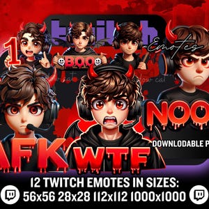 May include: Twelve red and black Twitch emotes with devil horns and various expressions. The emotes include "AFK", "WTF", "NOOB", "1", and "BOO". The emotes are in different sizes, including 56x56, 28x28, 112x112, and 1000x1000 pixels.