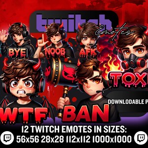 May include: A set of 12 Twitch emotes featuring cartoon characters with red devil horns and various expressions. The emotes are in different sizes, including 56x56, 28x28, 112x112, and 1000x1000 pixels. The emotes include text such as "BYE", "NOOB", "AFK", "TOXIC", "WTF", and "BAN".
