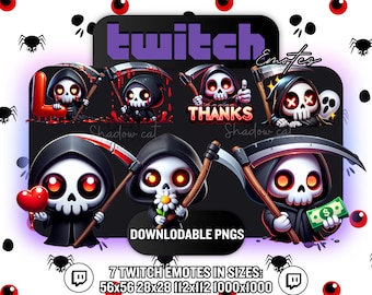 Puede incluir: Siete emoticonos animados de Twitch que representan a un Grim Reaper de dibujos animados con una guadaña. Los emoticonos están en varias poses, incluyendo sosteniendo un corazón, diciendo "Gracias" y usando un pañuelo con calaveras. Los emoticonos están disponibles en varios tamaños, incluyendo 56x56, 28x28, 112x112 y 1000x1000 píxeles.