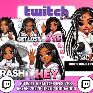 Puede incluir: Seis emoticonos animados de Twitch que representan a una mujer negra con diferentes expresiones y poses. Los emoticonos están disponibles en varios tamaños, incluyendo 56x56, 28x28, 112x112 y 1000x1000. Los emoticonos incluyen el texto "Get Lost", "Bye", "Trash", "Hey", y el logotipo de Twitch.
