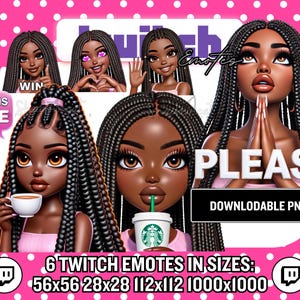 Puede incluir: Seis emoticonos animados de Twitch que representan a una mujer negra con trenzas en diferentes poses. Los emoticonos son de varios tamaños, incluyendo 56x56, 28x28, 112x112 y 1000x1000 píxeles. Los emoticonos incluyen el texto "WIN", "THIS IS FINE", "PLEASE", y "DOWNLOADABLE PNGS".