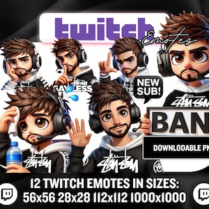 Pode incluir: Doze emoticons animados do Twitch com um personagem de desenho animado em várias poses. Os emoticons estão em tamanhos diferentes, incluindo 56x56, 28x28, 112x112 e 1000x1000 pixels. Os emoticons incluem "Say Less", "New Sub!" e "Ban".