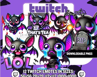 12 Black Bat Twitch Emotes | Spooky Chibi PNG Pack