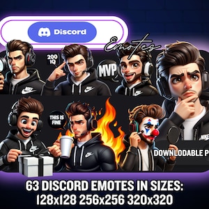 Emotes de discórdia masculina / 63 Emojis de discórdia de cara de cabelo castanho / Emotes de discórdia de streamer de menino / Emotes de jogador de Burnette Guy - Download instantâneo PNG's