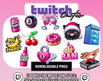 12 Kawaii Twitch Emotes – Rosa Girly Meme-paket (PNG, direktnedladdning)