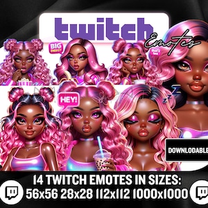 Twitch Emotes / 14 Pink Hair Black Girl Streamer Girl Emojis - Instant Download PNG&#39;s