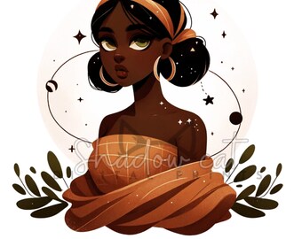 May include: A digital illustration of a woman with brown skin, wearing a brown and yellow plaid top and a brown shawl. She has a yellow headband and large gold hoop earrings. The background is white with a circle and stars. The text "VIRGO" is at the bottom of the image.