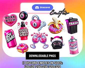 May include: A set of 11 pink and black Discord emotes featuring various designs, including a trash can, a donut, a spray bottle, a glass of wine, a black cat, and a can of boy tears. The emotes are available in three sizes: 128x128, 256x256, and 320x320.