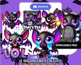 12 Chibi Bat Discord Emotes, Cute Spooky Halloween Emoji Pack