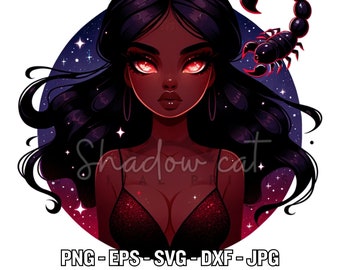 Imágenes prediseñadas de chica negra Escorpio, signo zodiacal (svg, png, jpg, eps, dxf) (Descarga digital)