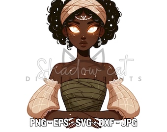 May include: Digital illustration of a woman with dark brown skin, wearing a brown headband and a green and brown dress. She has dark brown curly hair and glowing yellow eyes. The text "VIRGO" is below the image.