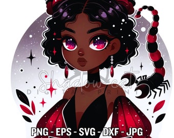 Imágenes prediseñadas de chica negra Escorpio, signo zodiacal SVG PNG (descarga digital)