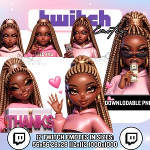 Puede incluir: Un conjunto de 12 emotes de Twitch que representan a una mujer de dibujos animados con cabello largo trenzado, vistiendo una sudadera con capucha rosa. Los emotes muestran varias expresiones y poses, con el texto "THANKS" e "I SEE YOU". La imagen también incluye el logotipo de Twitch y el texto "DOWNLOADABLE PNGS".