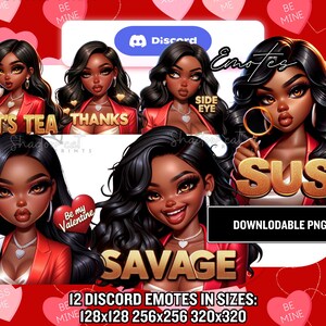 Black Emotes / 12 Black Girl Emojis / Valentines Streamer Girl Emotes - Instant Download PNG&#39;s