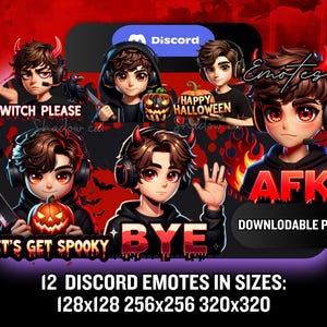 May include: Twelve Halloween-themed Discord emotes featuring a red devil character in various poses with text such as "Witch Please", "Let's Get Spooky", "Bye", and "AFK". The emotes are in different sizes: 128x128, 256x256, and 320x320.