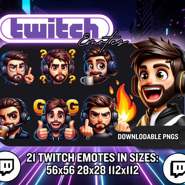 Emotes Twitch masculins / 21 émoticônes Twitch pour homme aux cheveux bruns / Emotes Twitch Streamer garçon / Emotes Gamer Burnette Guy - Téléchargement instantané PNG