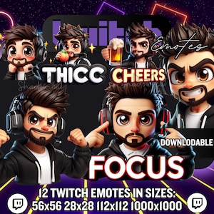 12 Männliche Twitch Emotes / Braune Haare Twitch Emotes / Boy Streamer Twitch Emotes / Burnette Guy Gamer Emotes - Instant Download PNG's