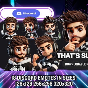 Brown Hair Gamer Guy Discord Emotes – Streamer Emojis (PNG)