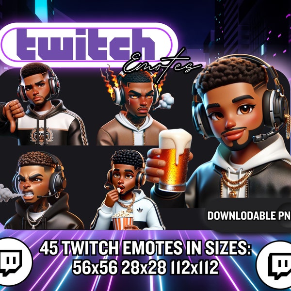 Black Male Twitch Emotes / 45 Black Guy Twitch Emojis / Boy Streamer Twitch Emotes /Black Men Gamer Emotes - Instant Download PNG's