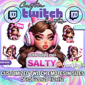 Puede incluir: Un conjunto de emotes personalizados de Twitch con una chica de dibujos animados con auriculares rosas y diferentes expresiones. Los emotes están disponibles en tres tamaños: 56x56, 28x28 y 112x112. Los emotes incluyen el texto "NOPE", "SALTY" y "Just for You".