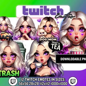 May include: Digital graphic of 12 Twitch emotes. Each emote features a cartoon woman with purple eyes and hair. The emotes include text such as "Snack", "Dog Mom", and "Trash". The image also includes the text "Downloadable PNGs" and size specifications.
