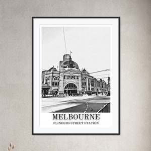 Melbourne Flinders Street Station Australia Black and White Drawing Travel Art Digital Print