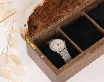 Wooden Watch Box With Epoxy Resin. Custom Watch Case as unique ladies watch box. Personalized anniversary gift for her