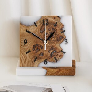 Handmade Clock Resin & Wood mothers gift from daughter. Custom Engraved Table Clock as godmother gift