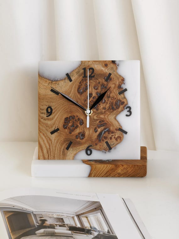 Handmade Resin Clock with wood as mother in law gift. Custom Engraved Table Clock for sister in law gift