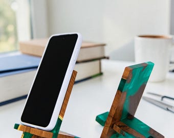 Epoxy & Wood Phone Stand as custom employee gifts. Personalized Desk Organizer as corporate gifts