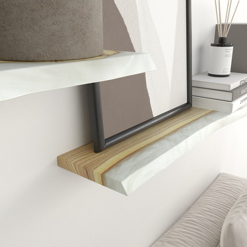 Modern WHITE FLOATING SHELF from Epoxy & Wood for living room decor with hardware included image 6