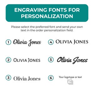 Peut inclure: Six styles de police diff&eacute;rents pour la personnalisation de la gravure. Le texte "Olivia Jones" est affich&eacute; dans chaque style de police. La sixi&egrave;me option est un espace r&eacute;serv&eacute; pour un logo ou du texte.