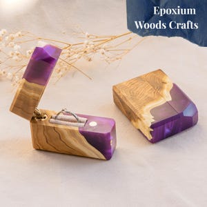 Purple ENGAGEMENT RING BOX for slim rings. Ring bearer proposal box from elm wood. Wedding anniversary gift for her