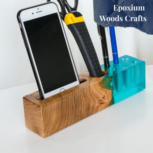 ORGANISATEUR DE BUREAU BUSINESS en résine bleu aqua et bois. Cadeau unique pour patron. Accessoires de bureau. Fête des pères oncle, cadeau unique pour papa