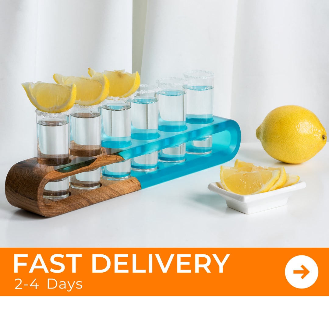 Unique Resin and Wood GLASSES HOLDER With SIX Shot Glasses