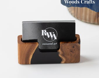Black resin & wood BUSINESS CARD HOLDER. Office desk accessories for women office. Coworker gift bulk