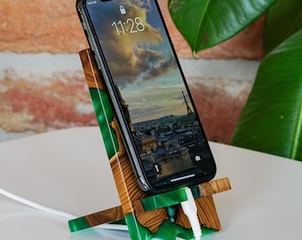 Custom Phone Stand as Desk Organizer with Epoxy as corporate gifts. Wood Phone Holder coworker gift ideas