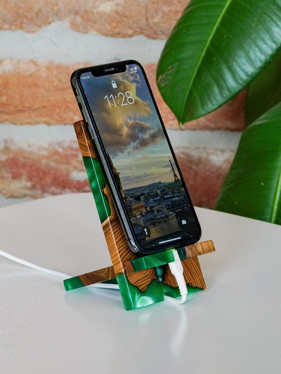 Custom Phone Stand as Desk Organizer with Epoxy as corporate gifts. Wood Phone Holder coworker gift ideas