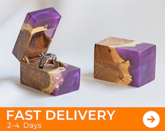 PROPOSAL RING BOX with unique purple epoxy resin and wood. Ring bearer box for wedding ceremony. Wooden jewelry box