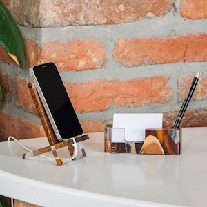 Personalized Wood Desk Organizer Set as coworker gift ideas. Epoxy Resin Phone Stand, Card Display as gifts for employees