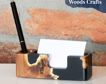 Black resin & wood CARD STAND with PEN holder. Pencil dispenser for home office desk. Handmade gift for boyfriend