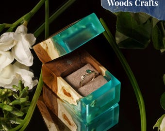 ENGAGEMENT RING BOX from aqua blue resin & wood. Unique proposal ring box as gifts for fiance